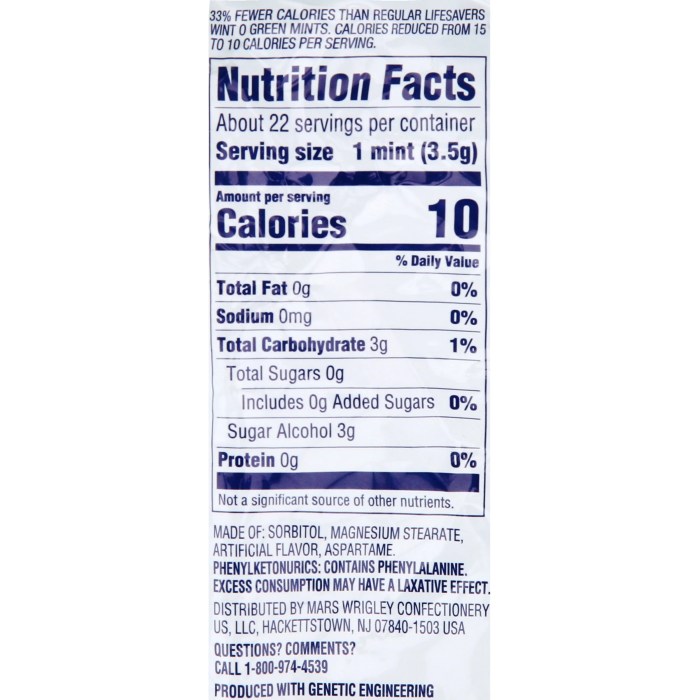 Lifesaver mints nutrition facts